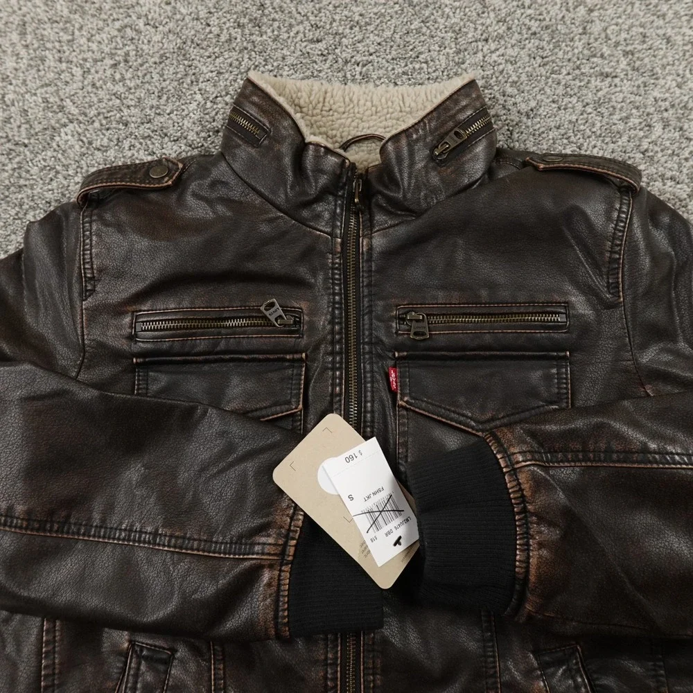 NEW Levis Jacket Mens S Brown Sherpa Lined‎ Faux Leather Trucker Bomber Coat Zip